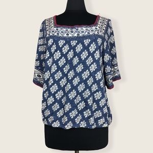 Lucky Brand Patterned Print Square Neck Blouse XLarge